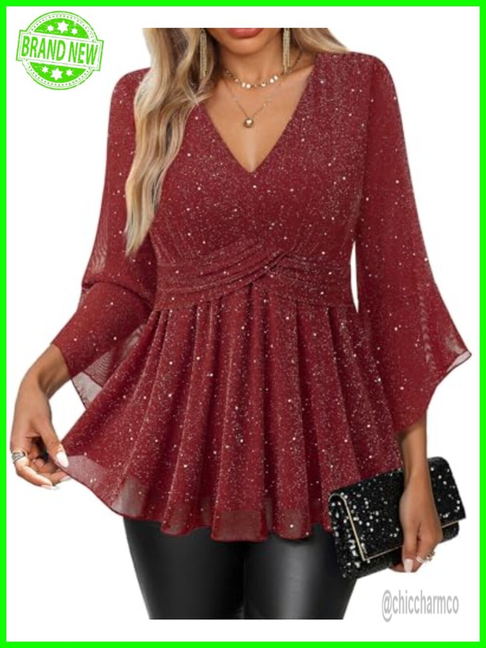 Sparkly Glitter Sequin Blouse 3/4 Bell Sleeve V Neck Party Cocktail Top